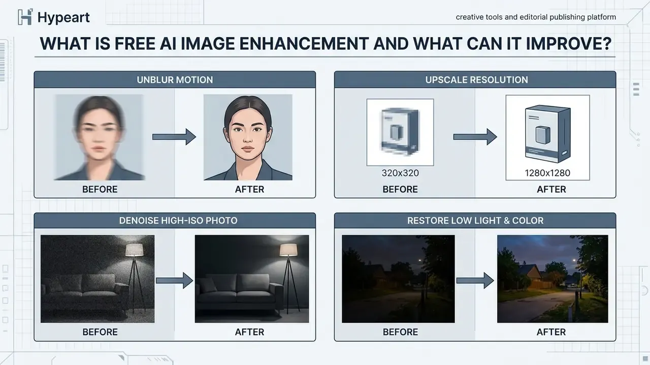 Four comparison panels demonstrating free AI image enhancement for blur, resolution, noise, and lighting