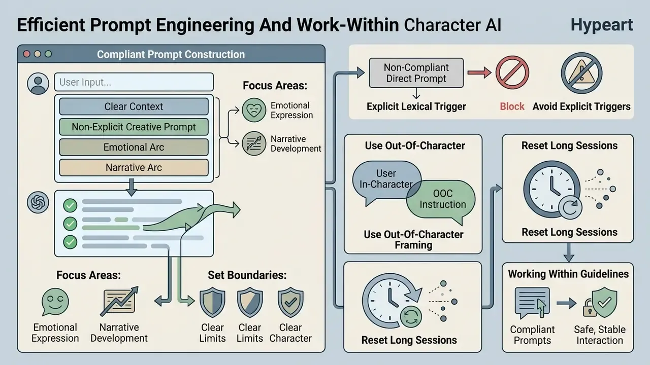 Infographic detailing methods for compliant prompt construction and effective interaction in Character AI