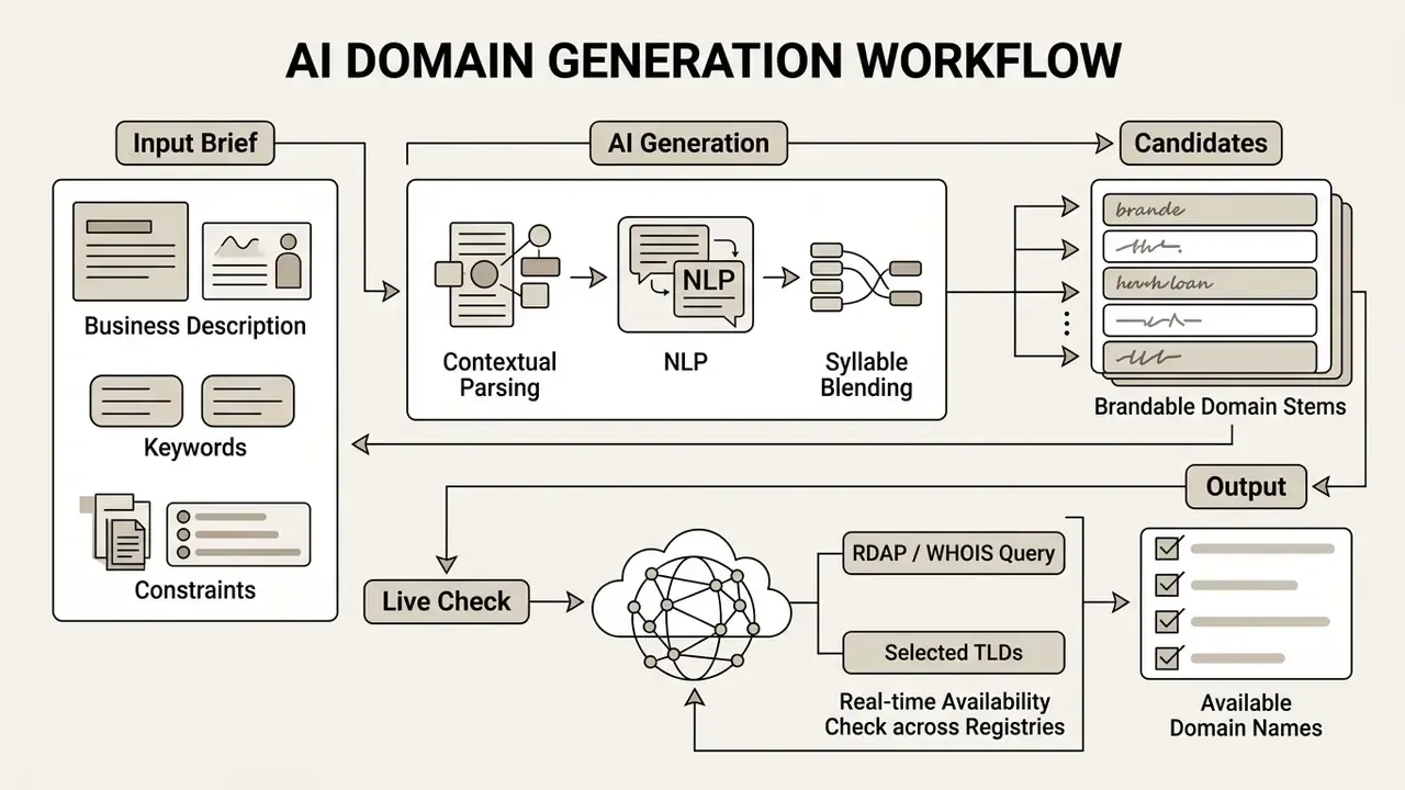 Flowchart showing how an AI domain name generator processes business inputs into available web addresses