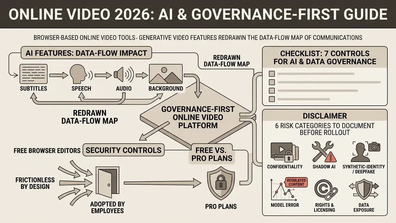 Diagram mapping generative AI data flows, governance controls, and risk categories for media production