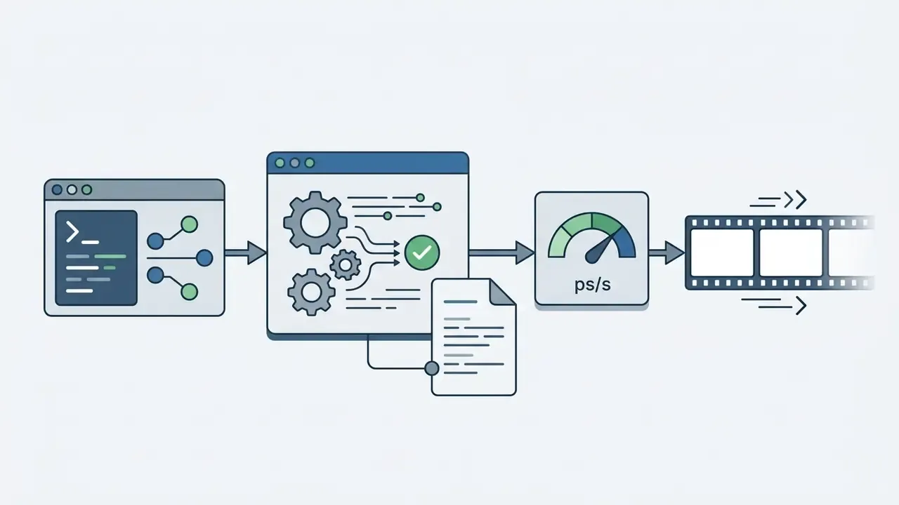 Code interface connecting to a processing engine that outputs video frames via a speed gauge