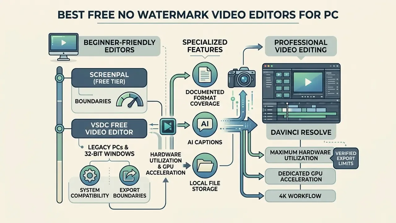 Flowchart outlining software options, hardware utilization, and features for video editing on a PC