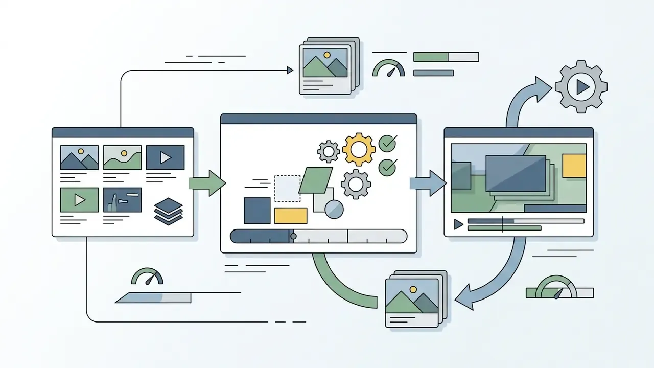 Workflow showing stock media assets being organized and edited into a final video sequence