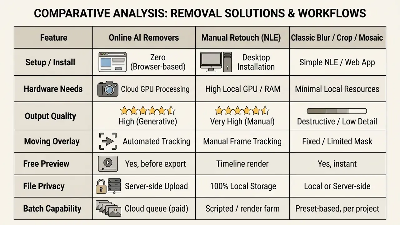 Grid evaluating features of online AI video watermark remover tools against manual and classic methods