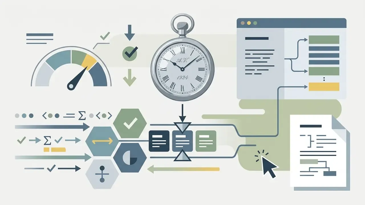 Silver pocket watch centered above data processing icons and a document interface with cursor