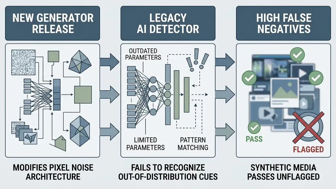 Process showing how new pixel noise architecture bypasses legacy detectors to leave synthetic media unflagged