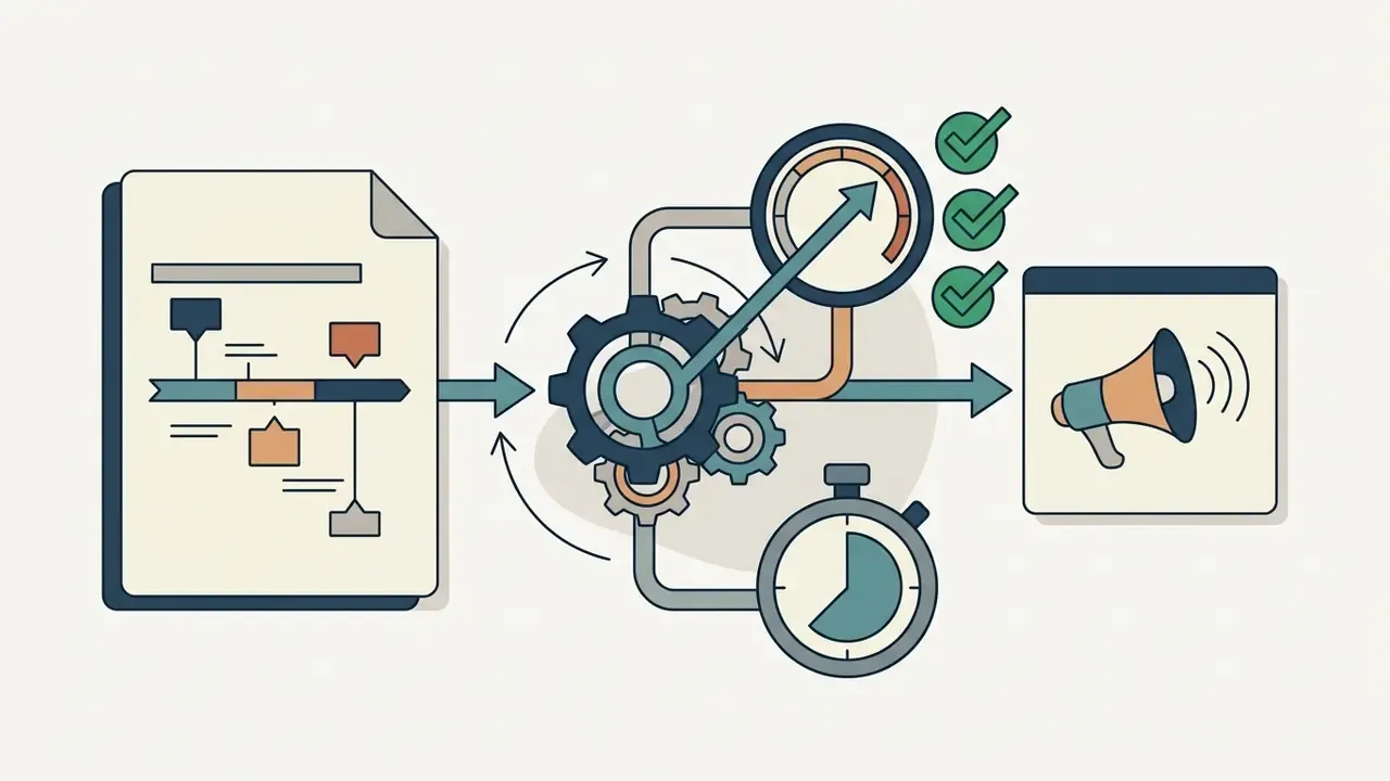 Document with a timeline feeding into a gear mechanism with a gauge, timer, and megaphone icon