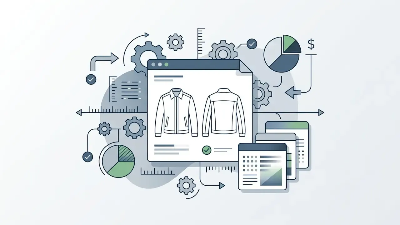 Technical jacket sketches surrounded by mechanical gears, data charts, and measurement notes