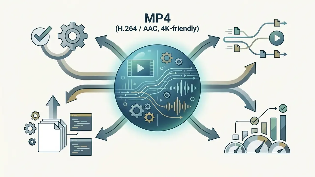 Central globe icon representing MP4 media processing with surrounding technical workflow symbols