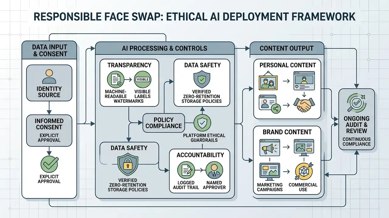 Framework showing ethical AI deployment steps from identity consent to processing and content output