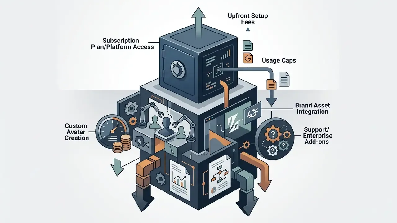 Safe and machinery blocks connected to icons representing avatar creation, usage caps, and support services