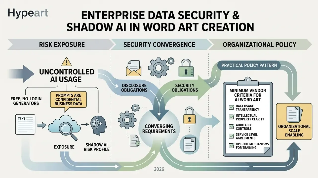 Flowchart mapping risks of uncontrolled AI usage to security obligations and vendor criteria for word art