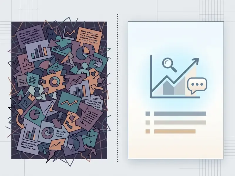 Comparison between a cluttered slide filled with chaotic charts and a clean slide with a single clear graph