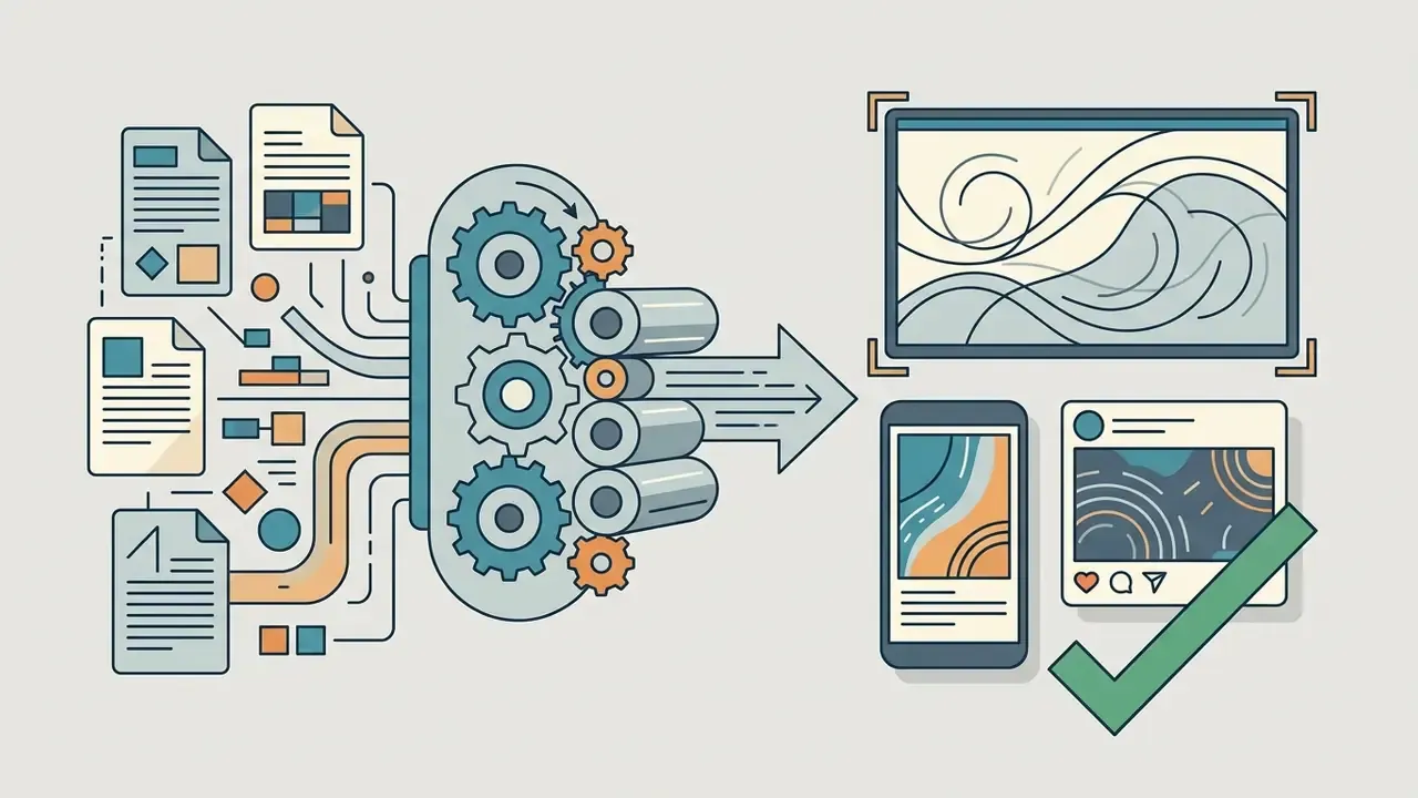 Documents feeding into a gear system that outputs widescreen video and social media content