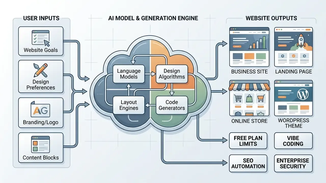 Diagram showing user inputs flowing into an AI engine to generate website designs and functional outputs