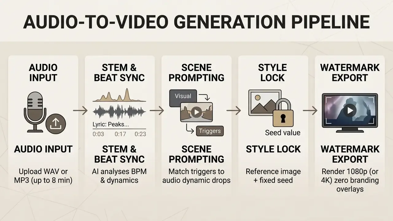 Five sequential steps showing how to process audio into video using a free AI text to video generator