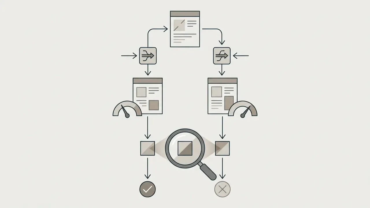 Flowchart showing two parallel paths comparing processed images with a magnifying glass for accuracy