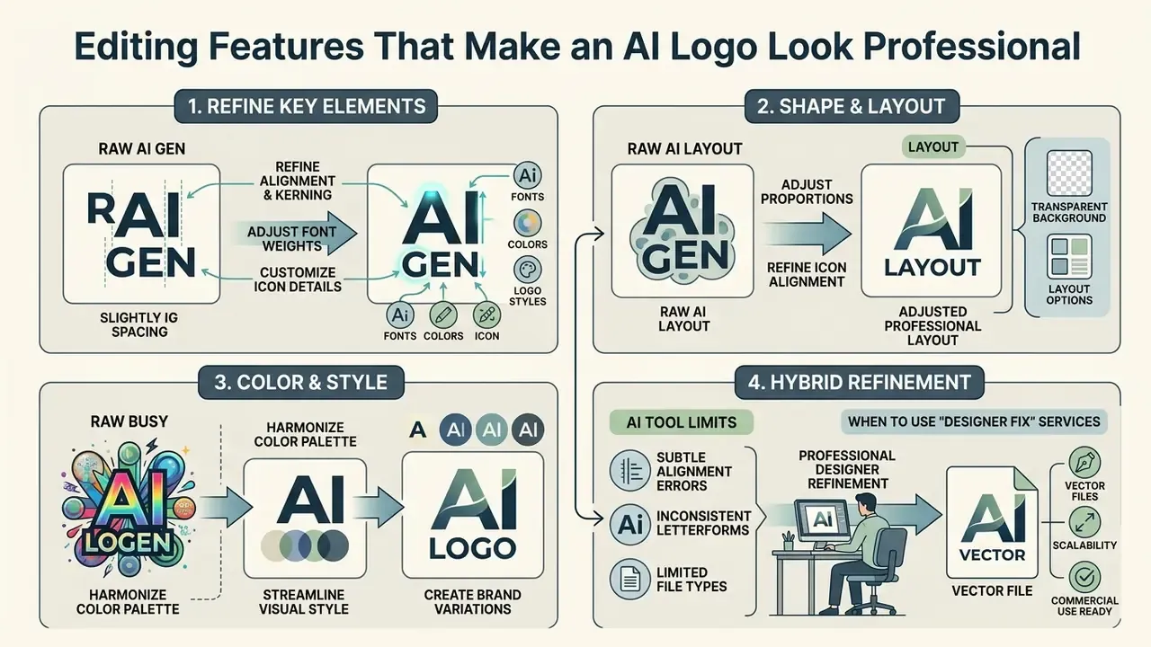 Four-step diagram showing how to refine AI logo elements, layout, color, and professional designer fixes