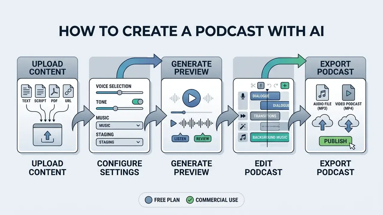 Four-step process diagram showing content upload, settings configuration, audio preview, and final export