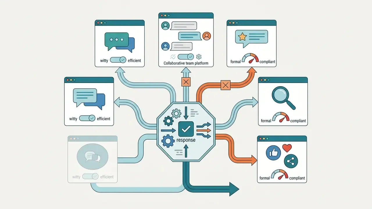 Central processing hub distributing tailored message content to various social and team platforms