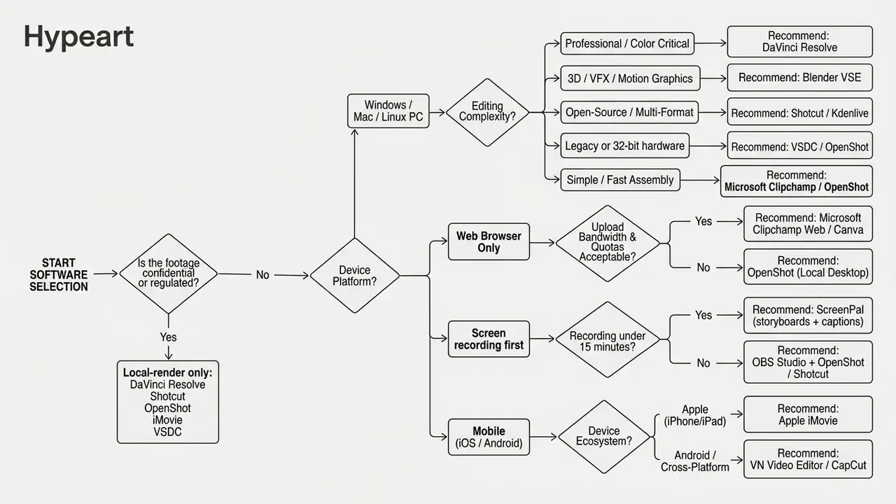 Decision tree mapping user requirements to recommended free video editing software no watermark