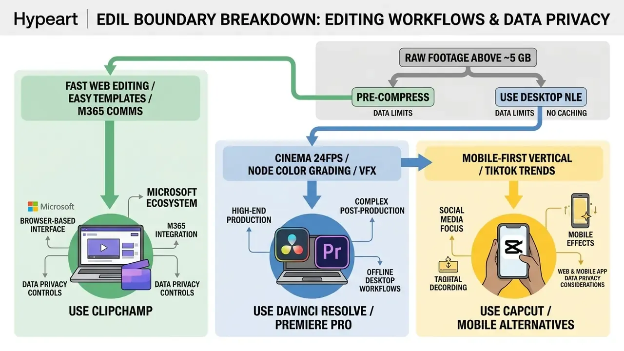 Flowchart mapping video editing software choices based on project requirements and technical constraints