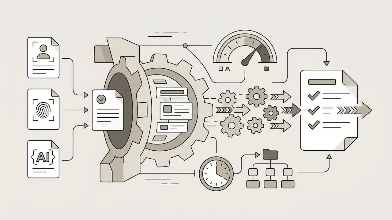 Documents feeding into a gear mechanism that processes data into a finalized compliance checklist