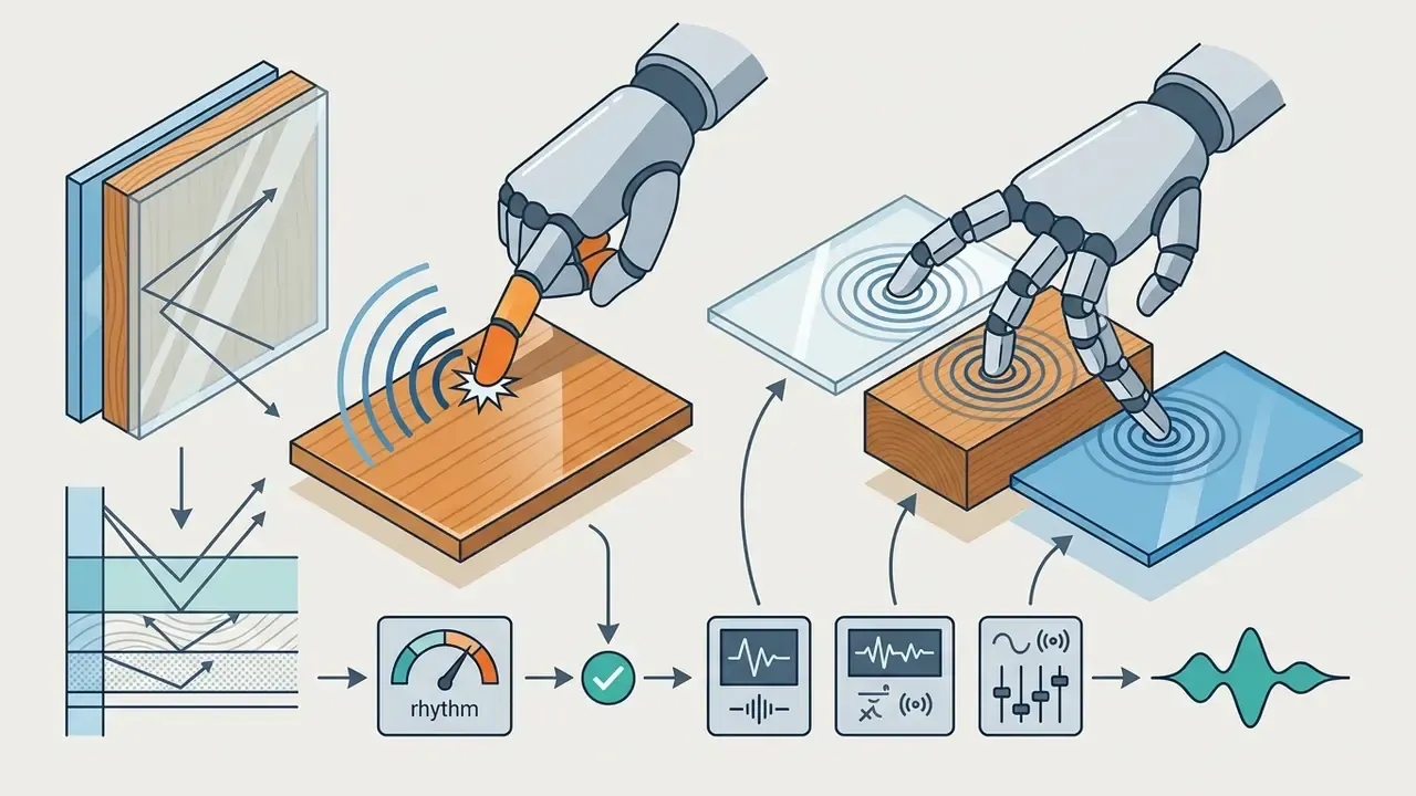 Robotic hand tapping on various surfaces to generate sound waves and rhythmic audio patterns