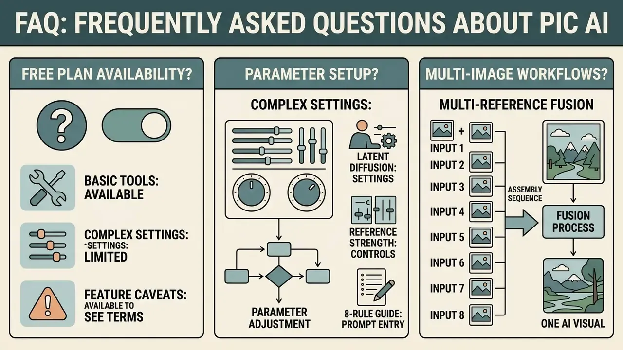 Three-column guide explaining free plan limits, parameter adjustment controls, and multi-image fusion steps