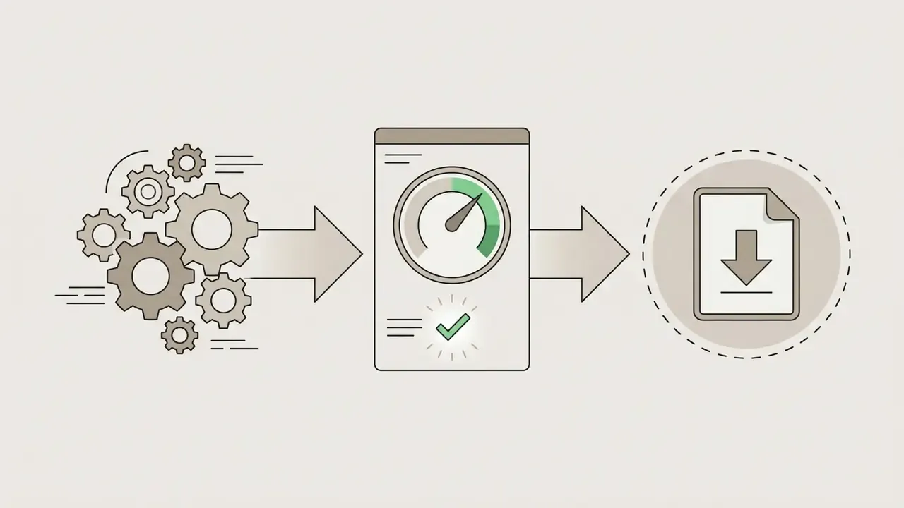 Process showing gears turning into a status gauge and finally a file download icon