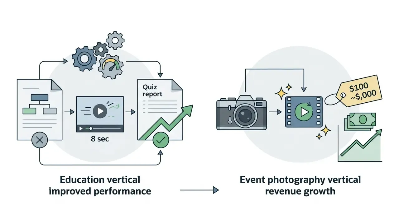 Two process cycles showing static documents becoming video clips to improve quiz scores and revenue