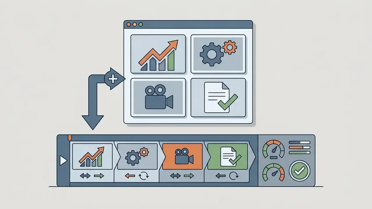 Dashboard showing four icons for growth, settings, video, and documents feeding into a linear timeline