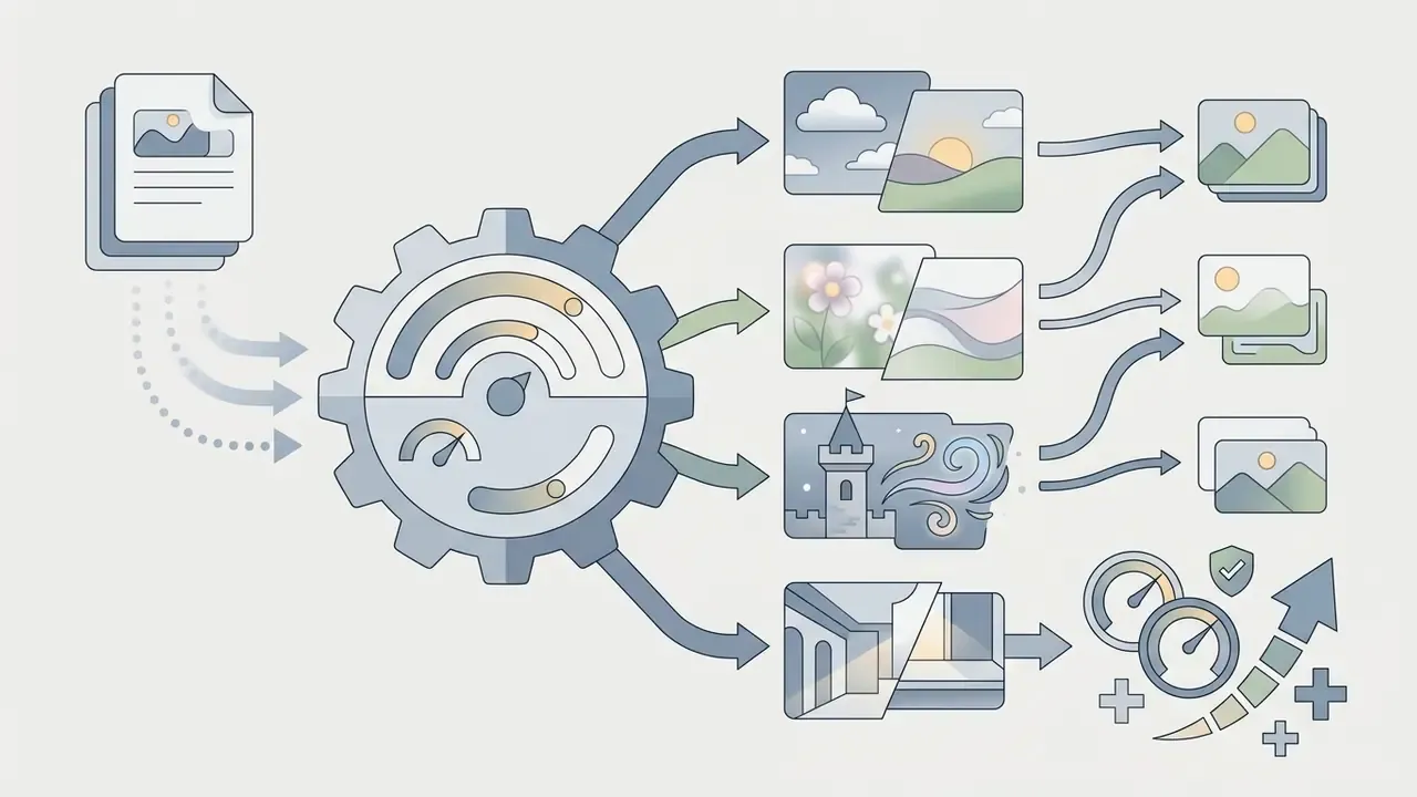 Central gear mechanism processing input documents into various stylized artistic image outputs