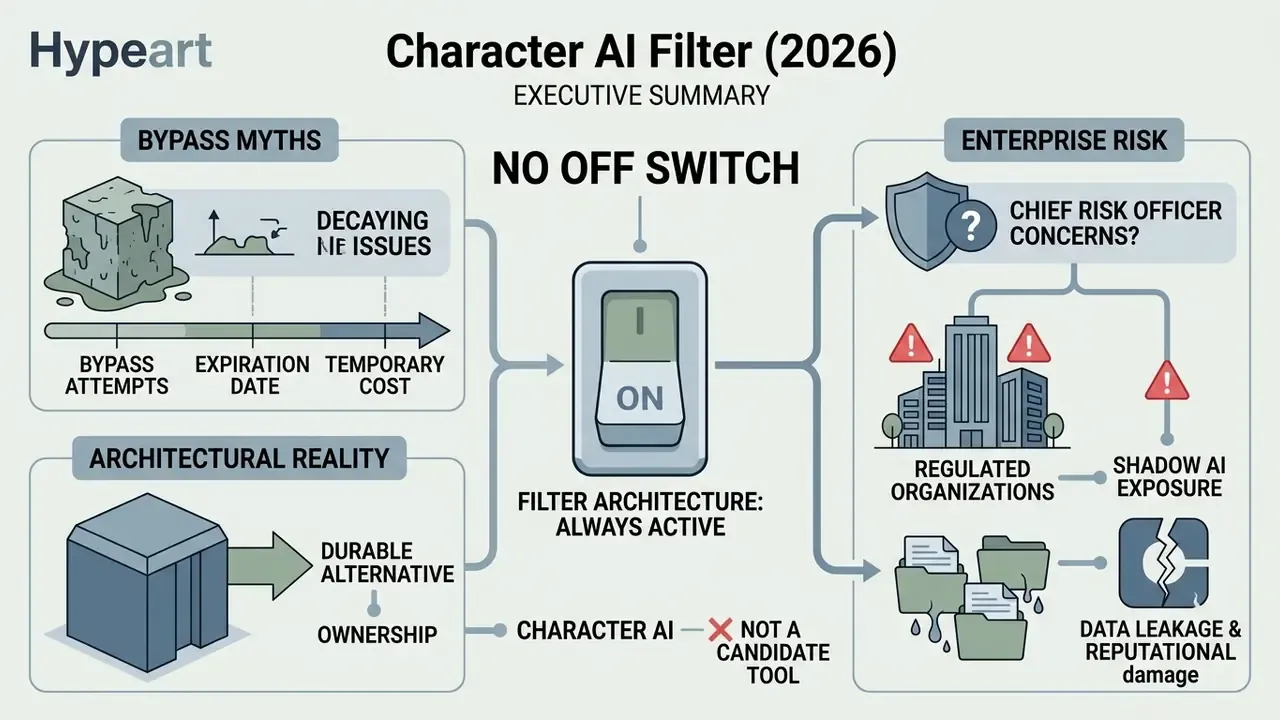 Infographic showing that Character AI filters are always on, creating enterprise risk and shadow AI exposure