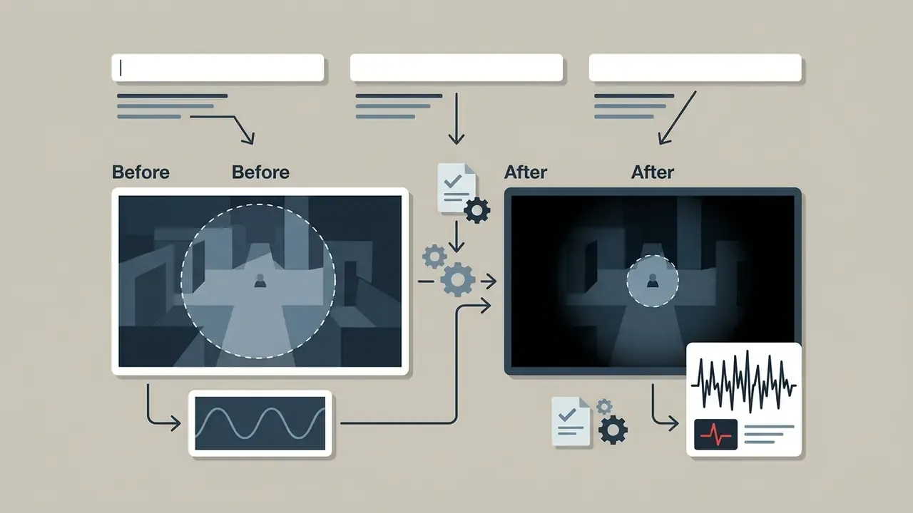 Comparison of game lighting and audio settings showing a wider view before and a darkened view after
