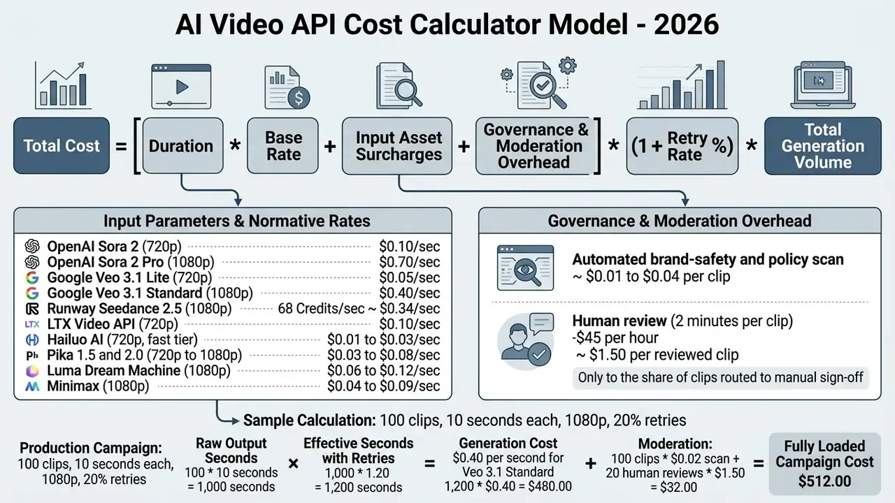 Mathematical formula for calculating AI video generation costs including model rates and overhead factors