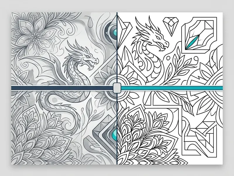 Split view comparing a shaded dragon illustration with a clean black and white line art version