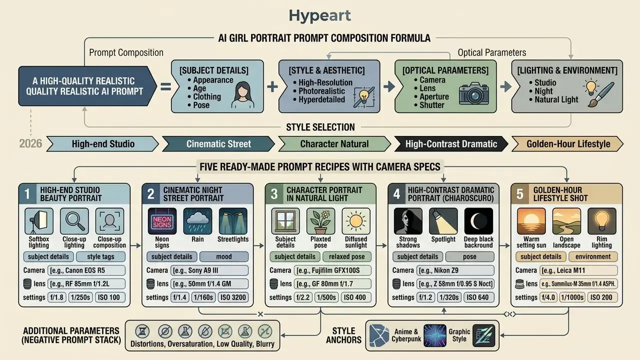 Structured infographic detailing prompt composition formulas and camera settings for AI portrait creation