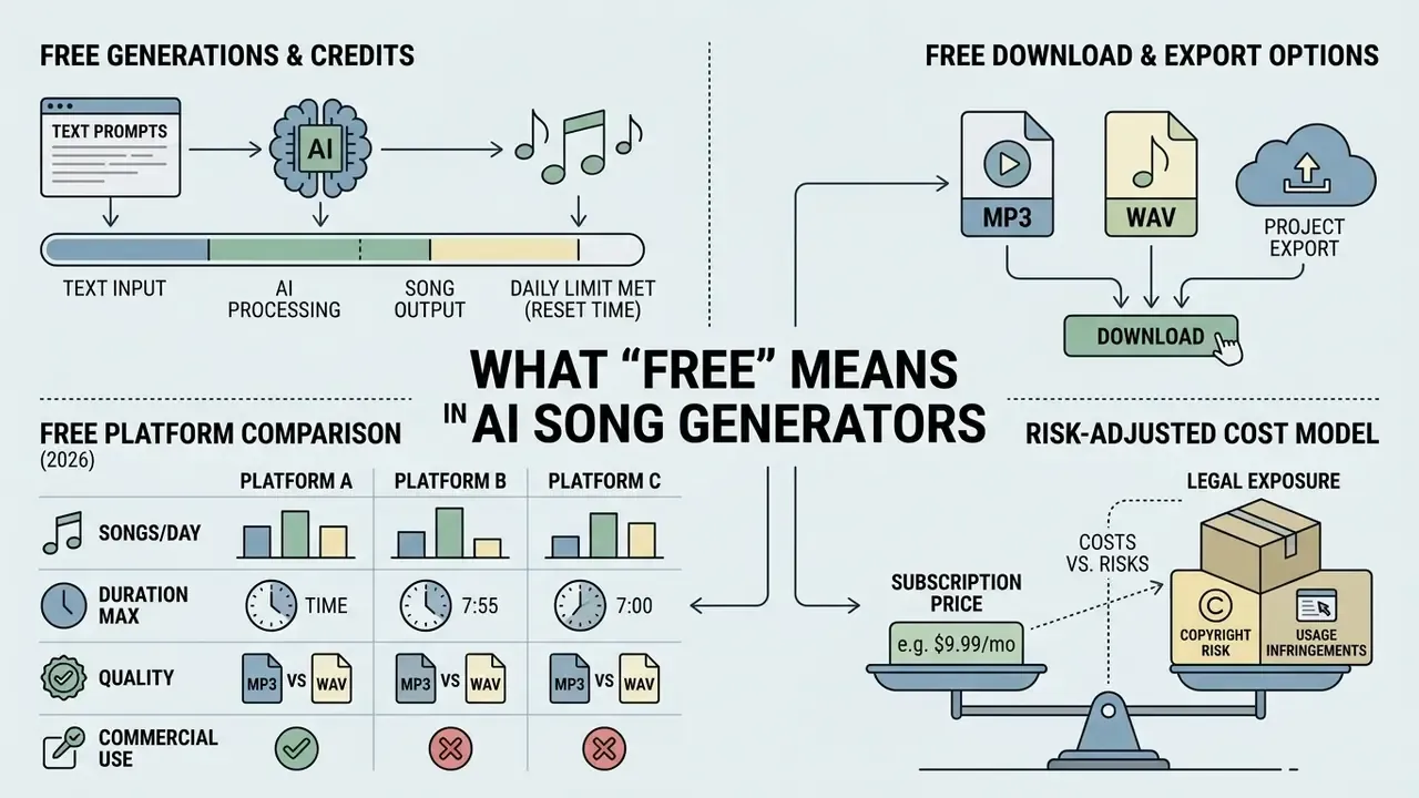 Infographic summarizing credit limits, file exports, platform comparisons, and legal risks for AI music
