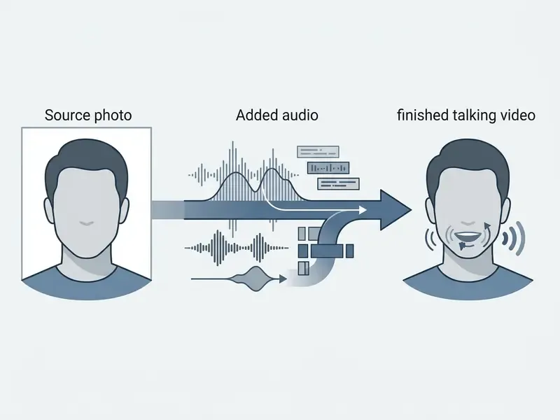 Diagram showing a source photo and audio combined by an AI lip sync generator into a talking video