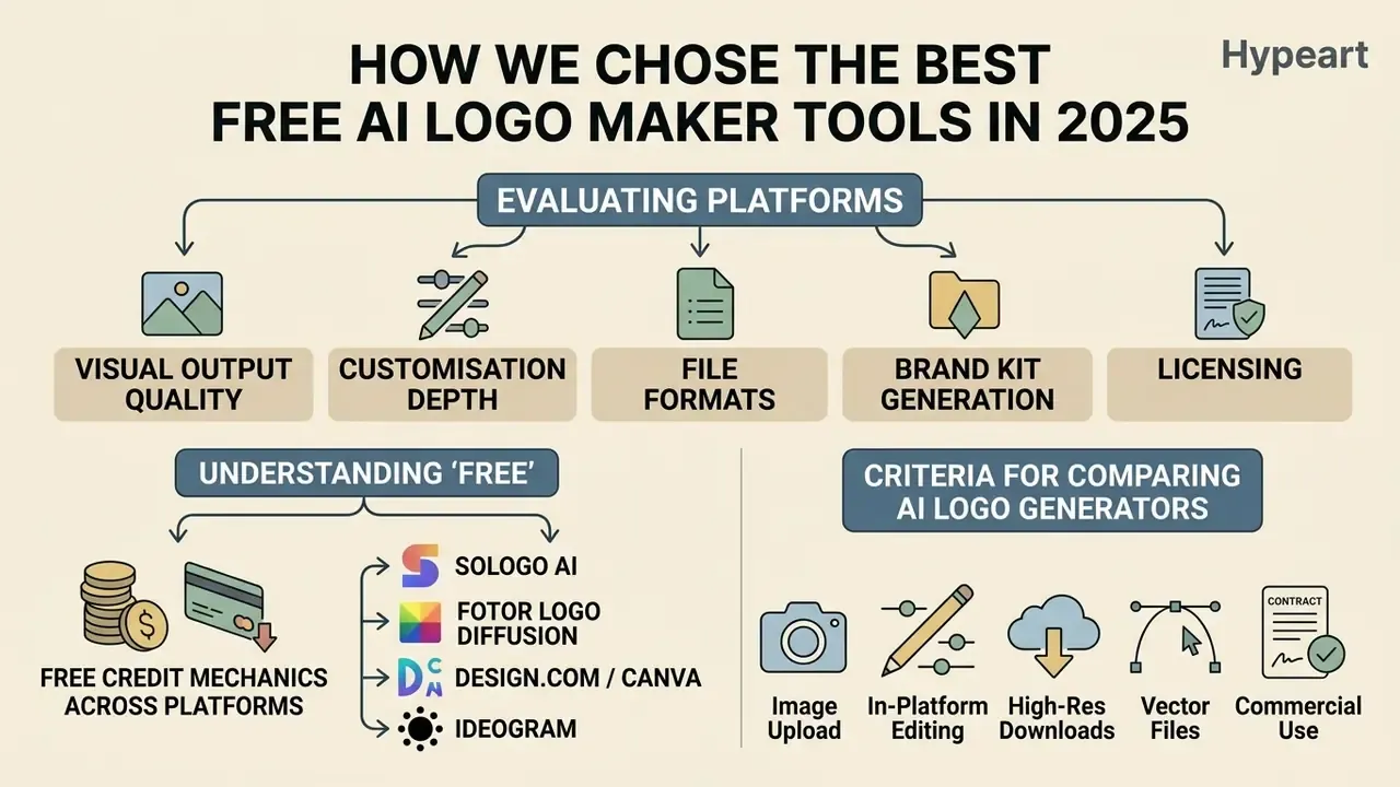 Flowchart outlining evaluation criteria and credit mechanics for comparing AI logo generator platforms