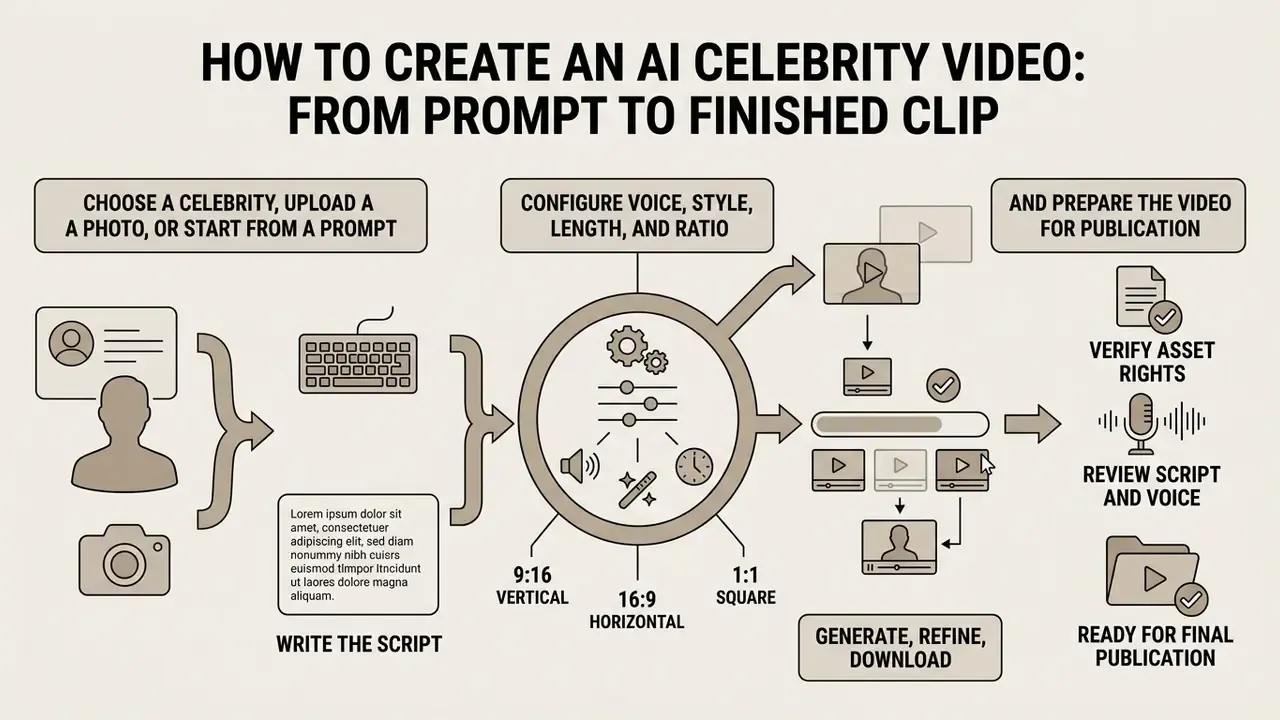 Step-by-step guide showing the sequence to create an AI celebrity video using prompts and configuration