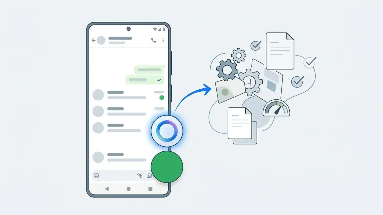 Smartphone screen showing the Meta AI button above the green new chat icon with a connected gear graphic