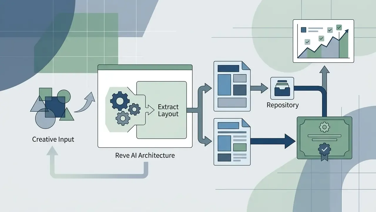 Visual path showing creative inputs processed into layout artifacts stored in a repository and audit file