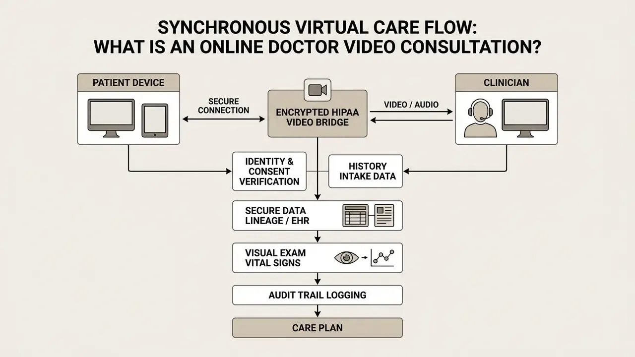 Flowchart showing the steps of a virtual care consultation between a patient device and a clinician