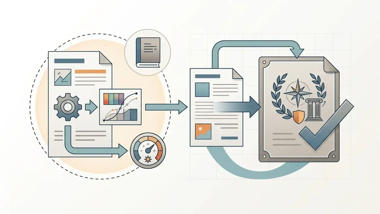 Document processing steps transforming technical data into a finalized and verified archival record