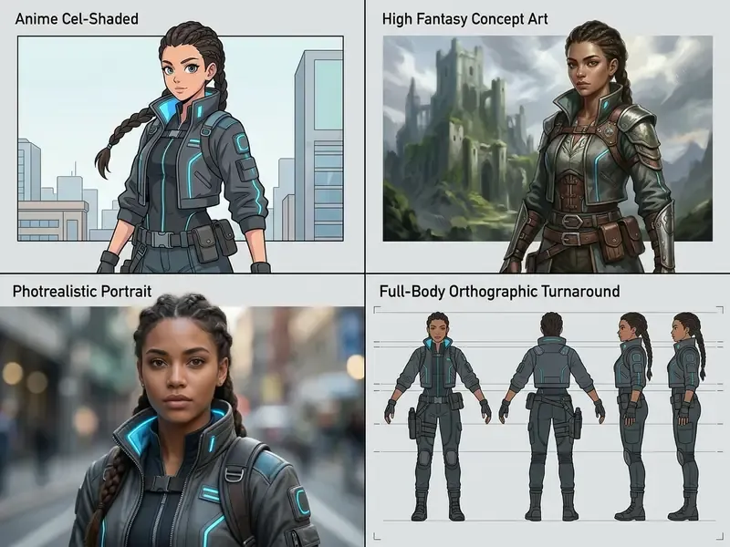 Four visual styles of the same female character shown in anime, fantasy, realistic, and turnaround views