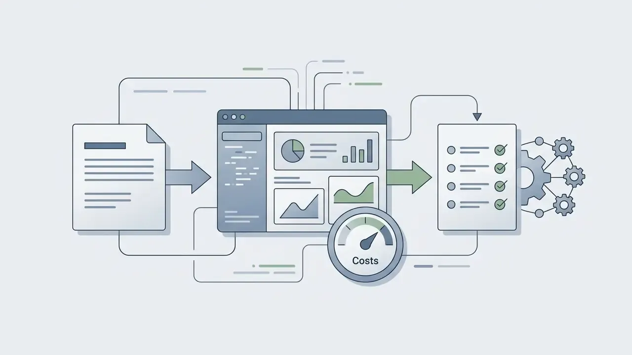 Document feeding into a dashboard with charts and a cost gauge linked to a checklist and gear system