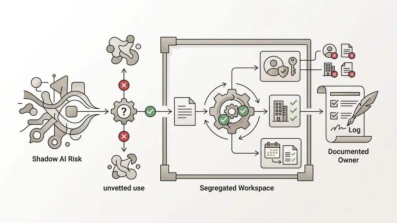 Process flow moving from shadow AI risk to a segregated workspace with documented ownership and logging