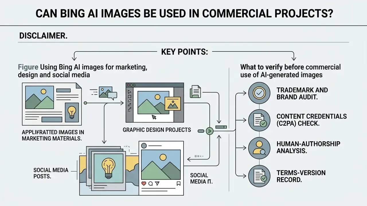 Diagram summarizing legal and verification steps for using generated visuals in professional projects